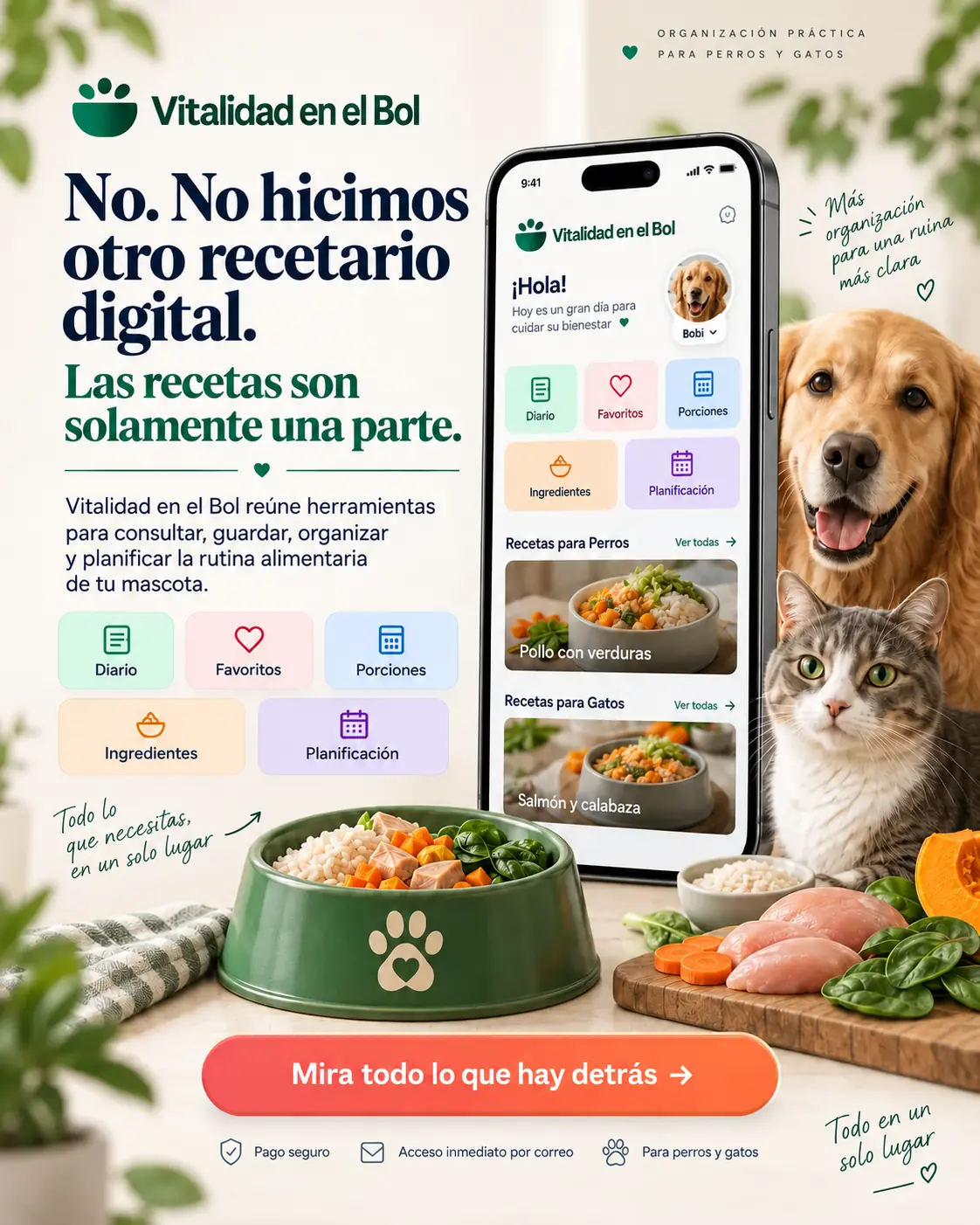 Composición completa de Vitalidad en el Bol con su interfaz, un perro, un gato y los recursos incluidos