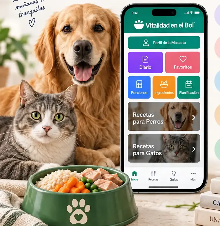 Perro, gato y la experiencia digital de Vitalidad en el Bol mostrada en un celular